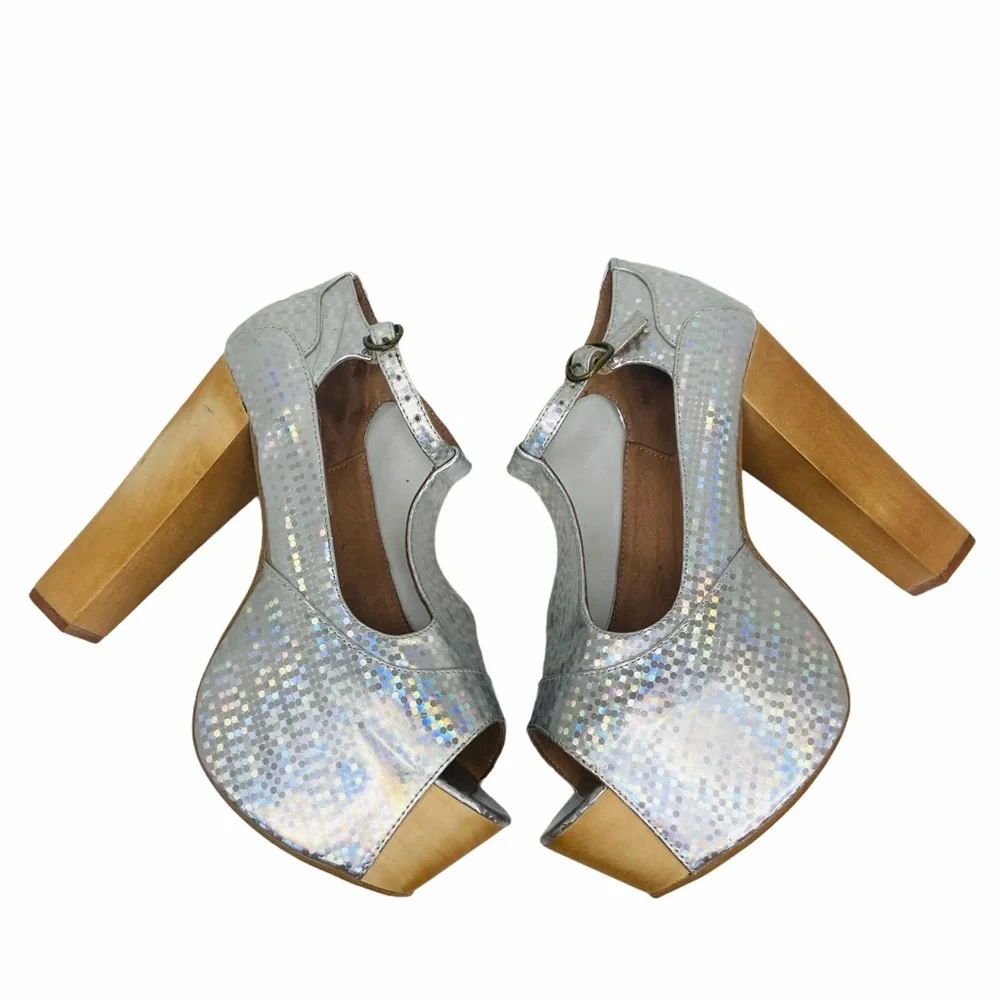 Y2K Jeffrey Campbell Platform Foxy Wood Holographic Heels